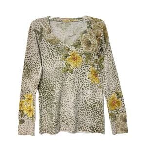 Before + Again Long Sleeve Waffle Top Shirt Size Medium Floral Base Layer
